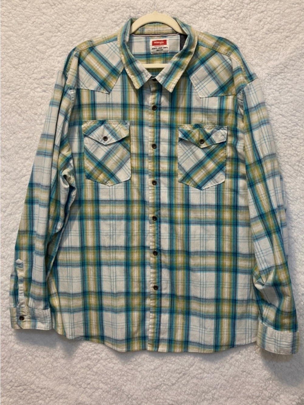 Wrangler Western Shirt Men 3XL Blue Yellow Plaid Long Sleeve Button Big Tall